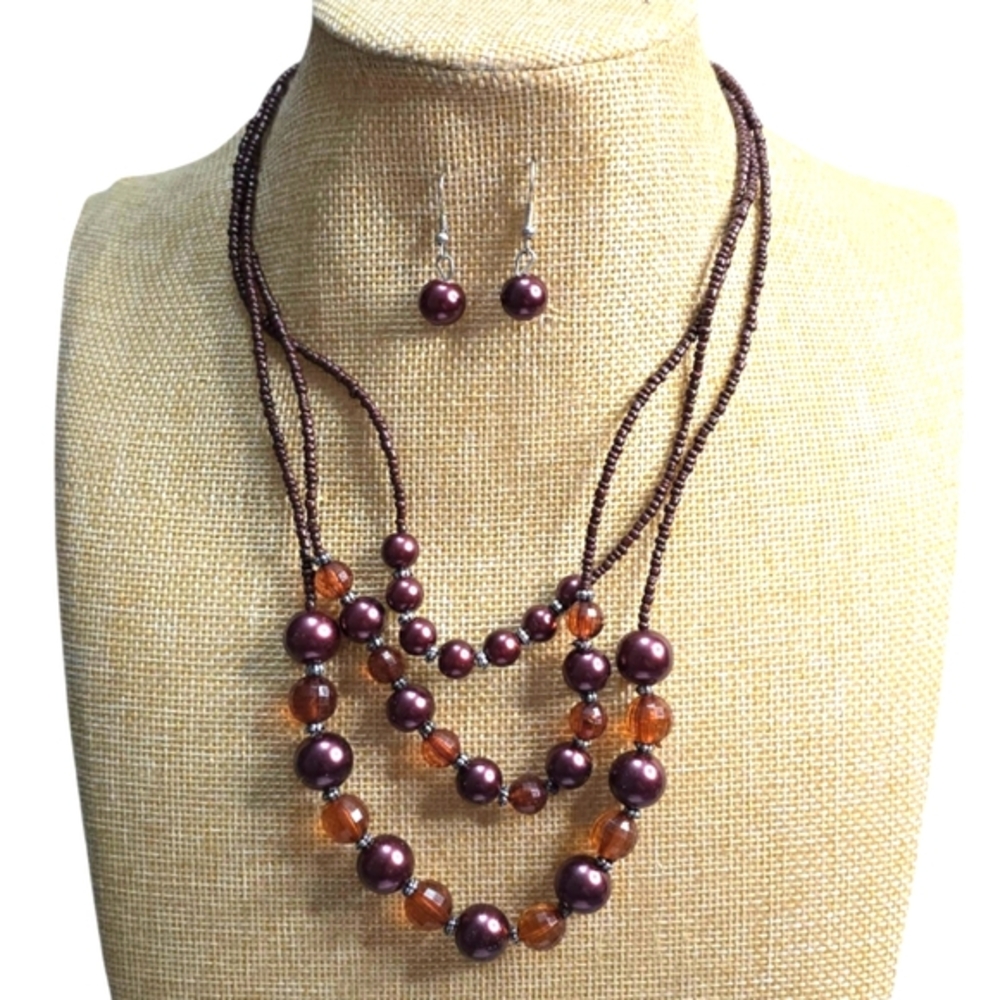 Treska Plum Purple Amber Multi Strand Beaded Statement Necklace Earrings Set New